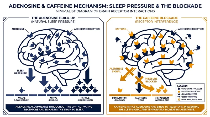 Caffeine artificially blocks adenosine receptors, masking the biological pressure to sleep.