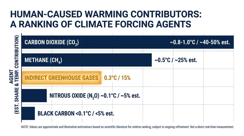 Indirect greenhouse gases rank as the third-largest contributor to human-caused climate change.