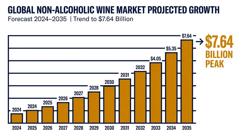 The global non-alcoholic wine market is projected to more than double over the next decade.