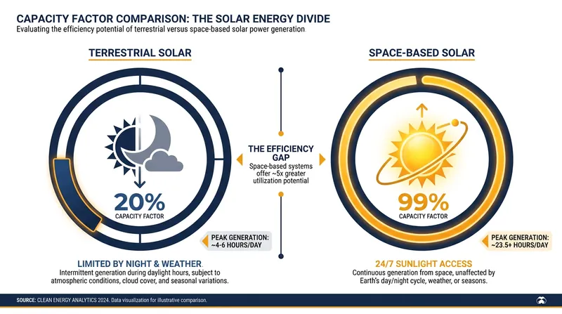 Orbital solar panels receive sunlight 24 hours a day, bypassing the intermittency of terrestrial renewables.