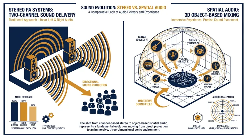 Spatial audio treats instruments as independent 'objects' placed in a 3D space, rather than blending them into left and right channels.