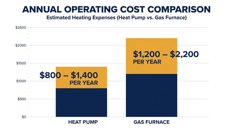 Average annual operating costs for a heat pump versus a traditional gas furnace.
