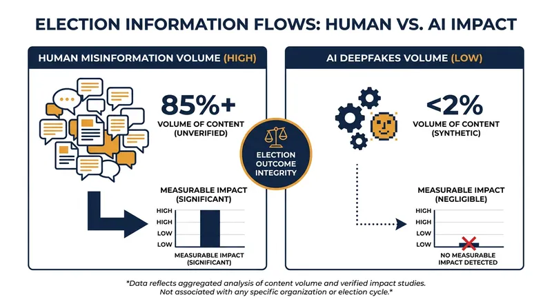 Data from the Alan Turing Institute shows human-driven misinformation far outpaced AI deepfakes.