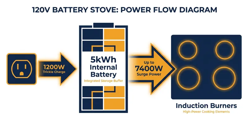 Battery-integrated stoves store energy slowly from a standard outlet to deliver massive power surges while cooking.