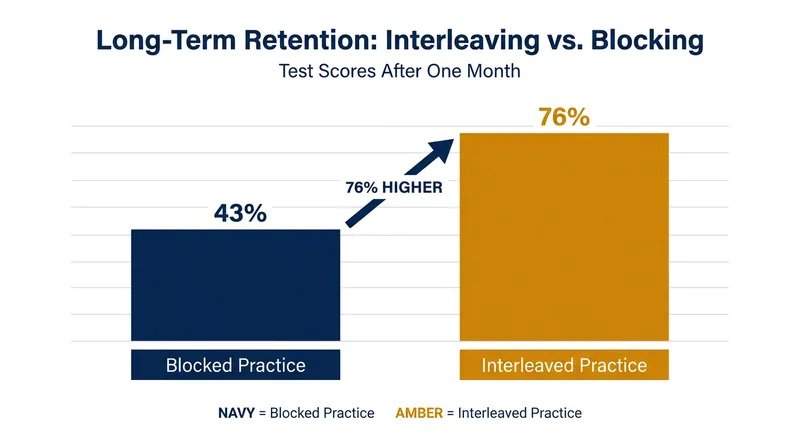In a study of middle school math students, those who used interleaved practice scored 76% higher on a test administered one month later.