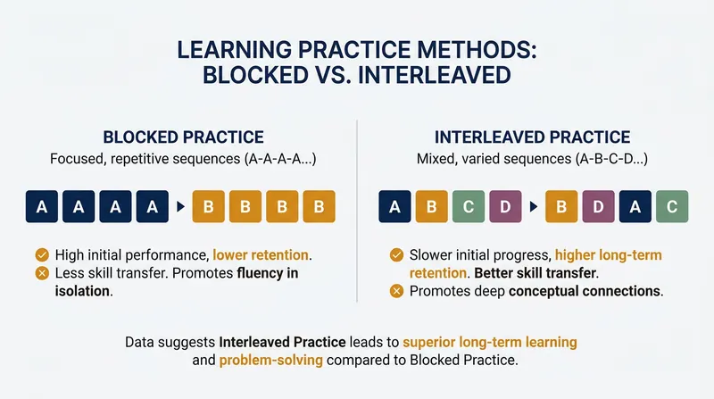 Blocked practice focuses on one concept at a time, while interleaved practice scrambles related concepts to build stronger memory associations.