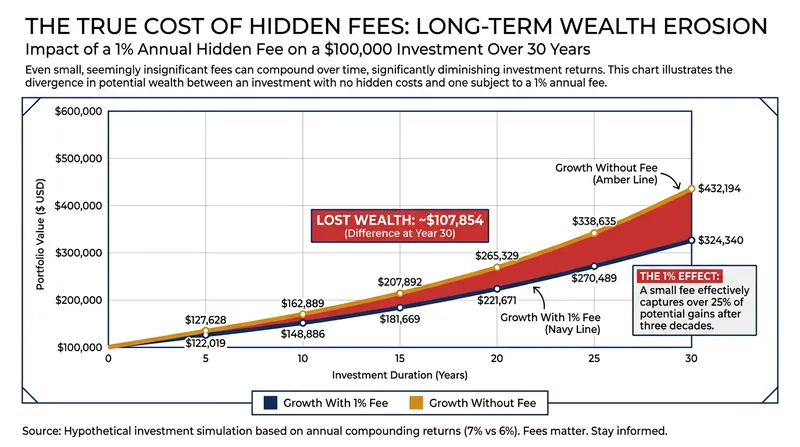 Over a 30-year horizon, a seemingly small 1% difference in fees can consume nearly a third of potential investment growth.