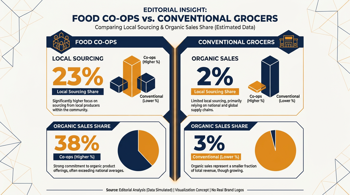 Community-owned grocers drastically outperform conventional supermarkets in local sourcing and organic sales.