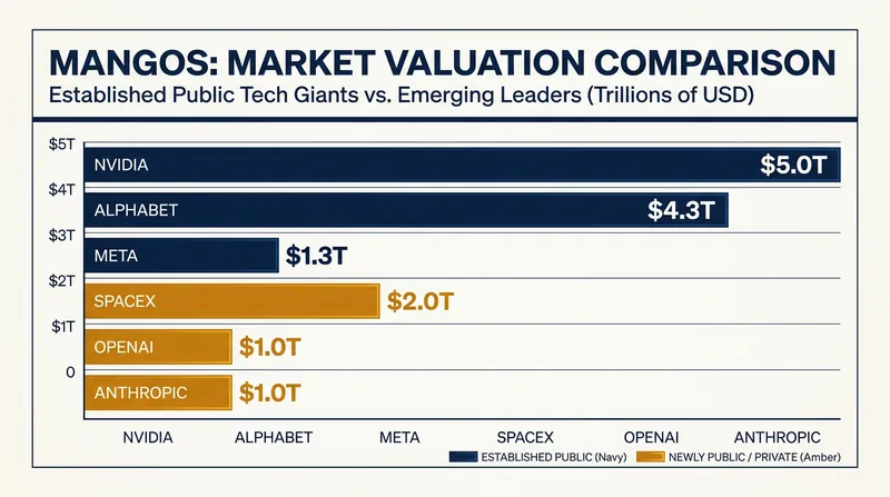 The MANGOS cohort blends established multi-trillion-dollar public equities with massive newly listed and private firms.