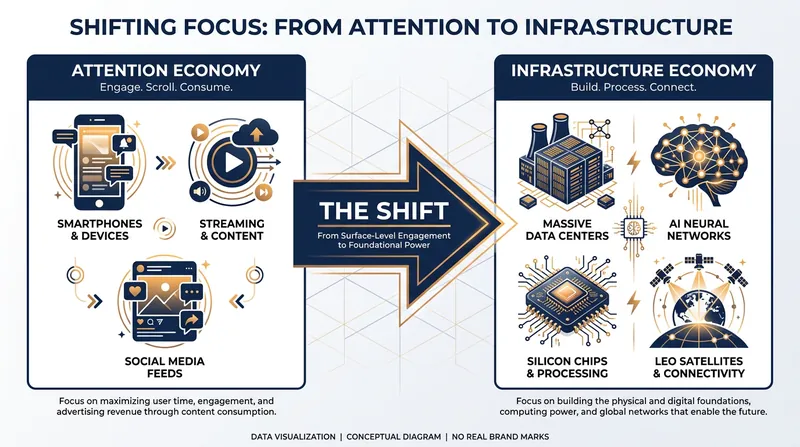 The business models driving market leadership have shifted from consumer attention to foundational compute and connectivity.