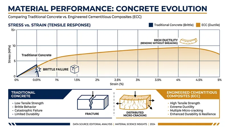 Engineered Cementitious Composites (ECC) exhibit extreme ductility, bending under stress where traditional concrete would shatter.