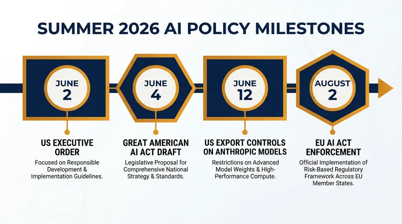 Key milestones in the summer 2026 AI policy landscape.