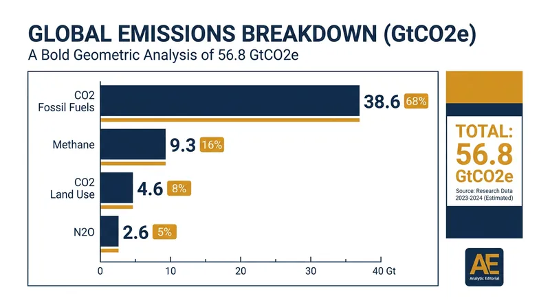 Global greenhouse gas emissions reached 56.8 billion tonnes of CO2 equivalent in 2024, driven primarily by fossil fuels and methane.