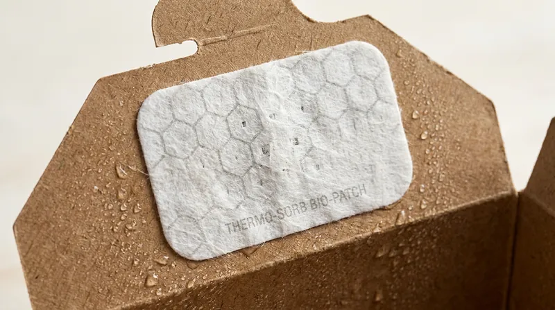 Thermodynamic patches use plant pulp and ice pockets to alter the dew point inside the container, absorbing excess moisture.