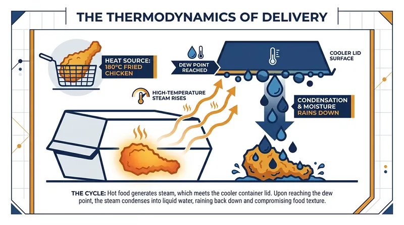 When trapped steam hits the dew point, it condenses and rains back down, destroying the food's crispy exterior.