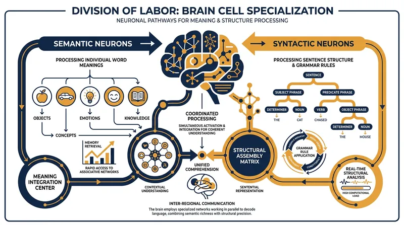The brain utilizes distinct populations of neurons to handle word meaning versus grammatical structure.