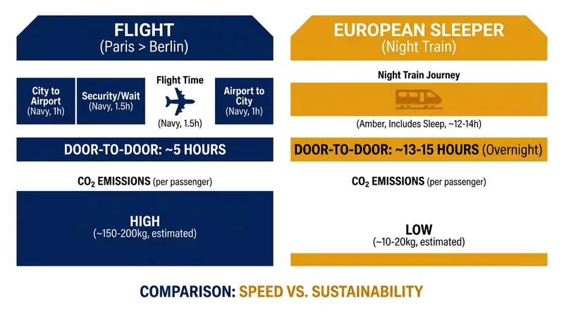 While flights are faster in the air, night trains save waking hours and dramatically reduce carbon emissions.