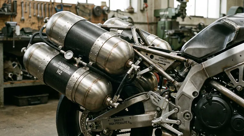 The prototype stores compressed hydrogen in 700-bar pressure vessels mounted where touring luggage would normally sit.