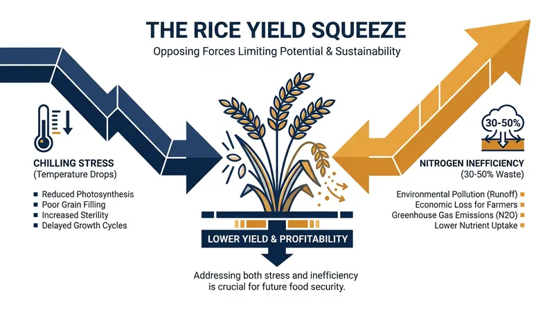 The dual pressures threatening modern rice cultivation.