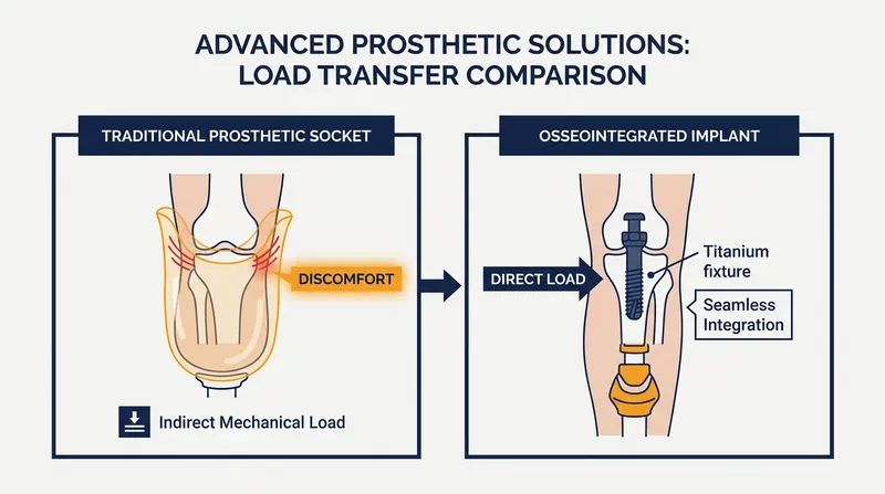 Osseointegration eliminates the traditional socket by anchoring the prosthesis directly to the skeletal structure.