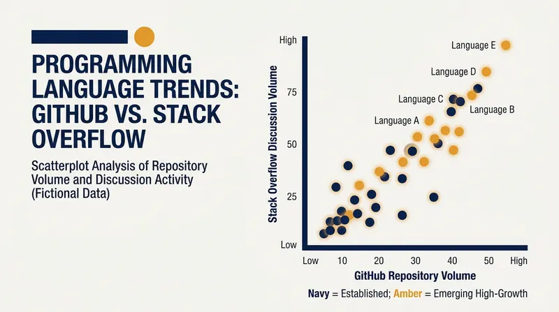 RedMonk's methodology plots languages on a two-dimensional axis to correlate code activity with community engagement.
