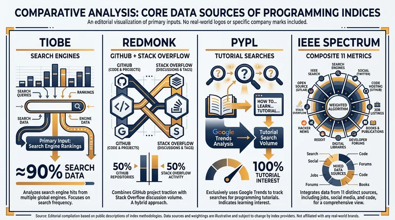 A breakdown of the primary data sources powering the industry's top four programming language rankings.