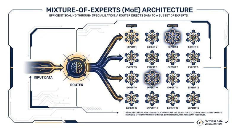 Mixture-of-Experts (MoE) architecture saves compute by only activating a fraction of the model's parameters for any given word.