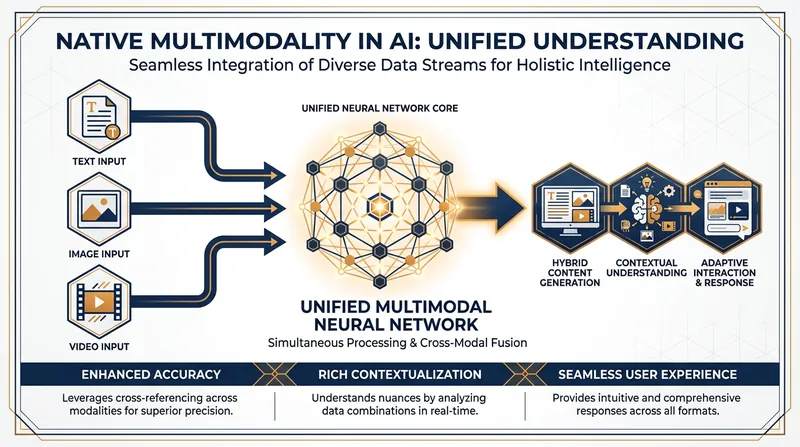 Native multimodality processes text, images, and video through a single integrated neural network rather than separate modules.