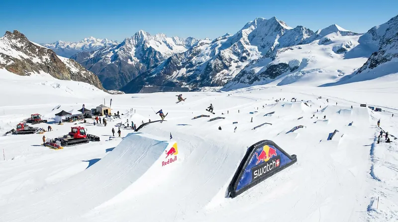 Facilities like the Stomping Grounds in Saas-Fee combine real glacier snow with advanced airbag technology.