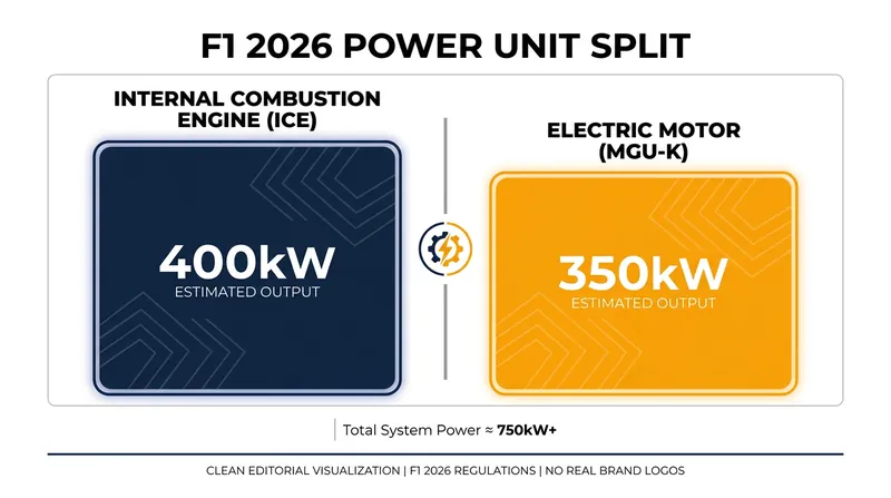 The 2026 power units shift to a near 50/50 split between combustion and electrical power.
