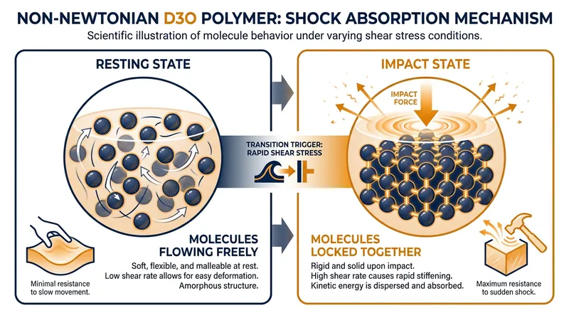 Non-Newtonian polymers remain soft during normal movement but instantly harden to absorb blunt force impacts.