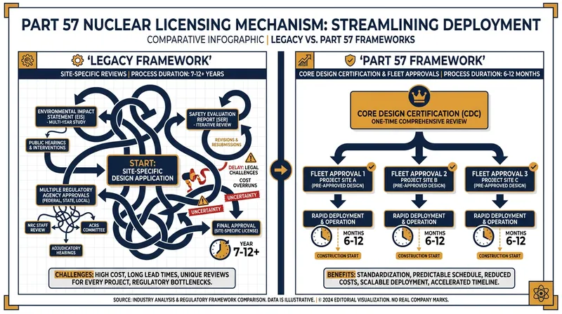 The proposed Part 57 framework would allow regulators to approve fleets of identical microreactors, drastically cutting permit timelines.