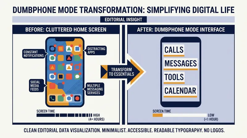 Dumbphone mode strips away visual clutter to reduce the neurological reward of phantom scrolling.