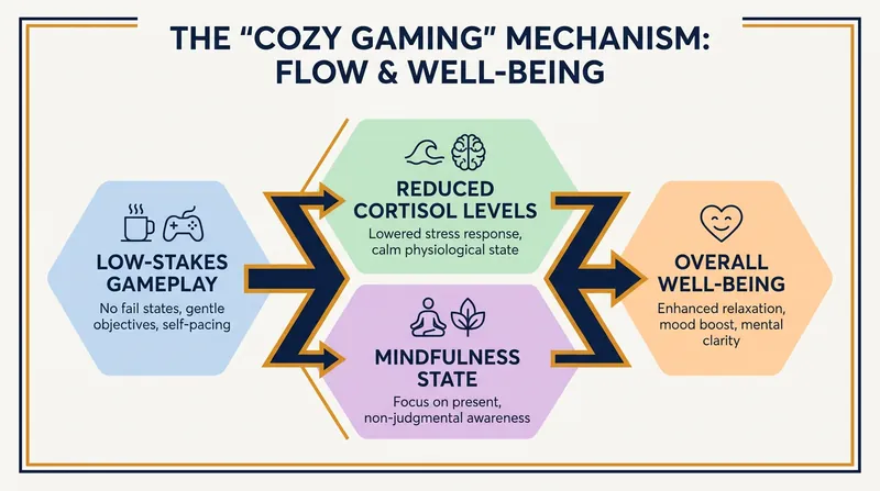 Cozy games utilize low-stakes mechanics to actively lower cortisol and induce a state of mindfulness.