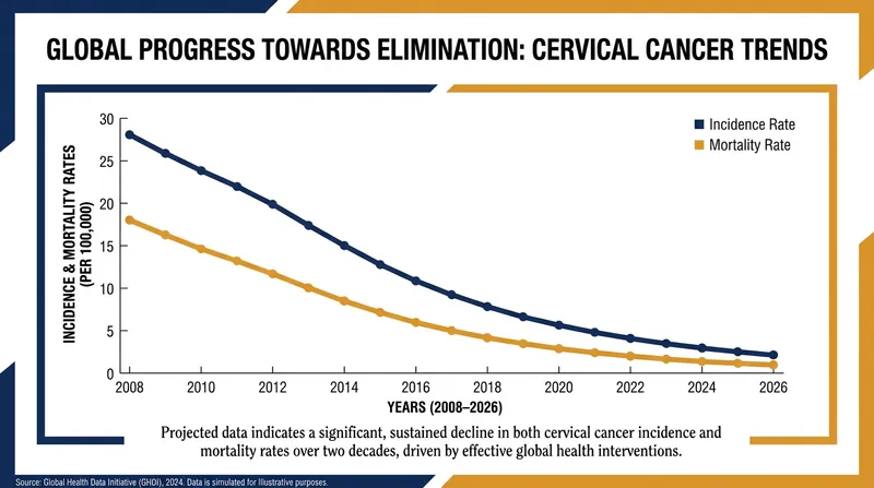 The long-term decline in cervical cancer incidence and mortality following the vaccine's introduction.