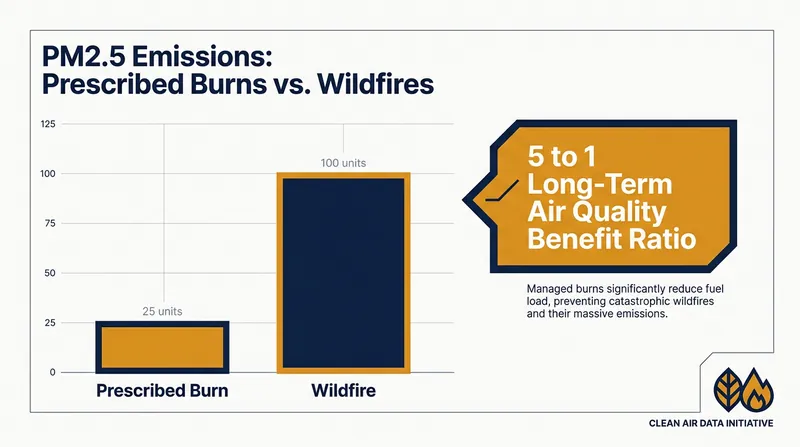 Wildfires release significantly more fine particulate matter than controlled burns, resulting in a 5-to-1 long-term health benefit ratio for fuel mitigation.