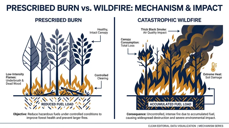 By consuming ground-level fuel, prescribed burns prevent future fires from reaching the highly combustible tree canopy.