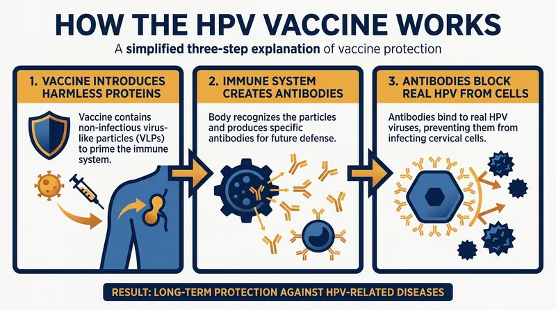 The vaccine prevents high-risk HPV strains from causing the persistent infections that lead to cellular mutations.
