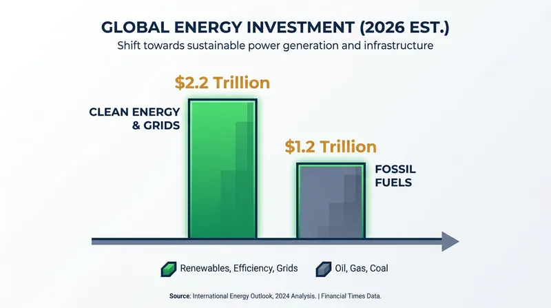 Global capital investment is heavily favoring clean energy infrastructure over fossil fuels.