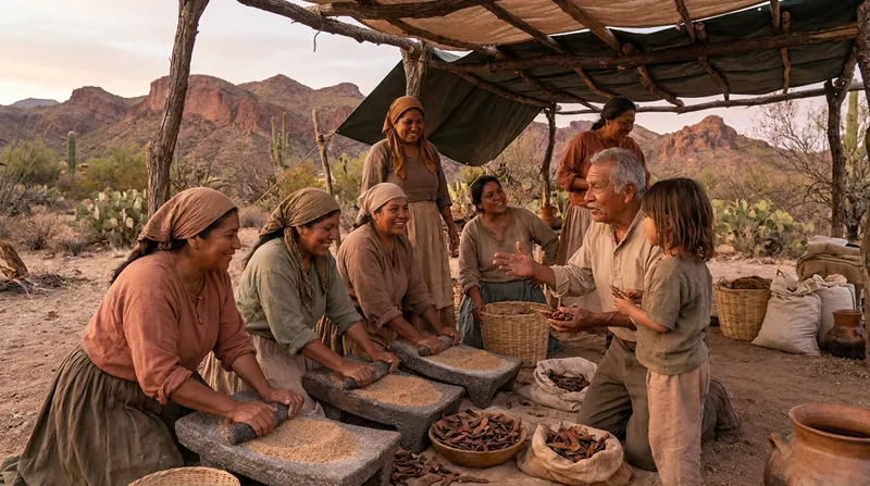 Harvesting and processing resilient crops like mesquite pods teaches visitors about sustainable desert agriculture.