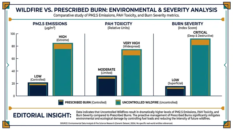 Wildfires consume heavier fuels and burn much hotter, releasing significantly more toxic particulate matter than controlled burns.