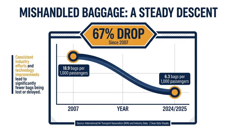 Despite record passenger volumes, the rate of mishandled baggage has plummeted by 67% since 2007.