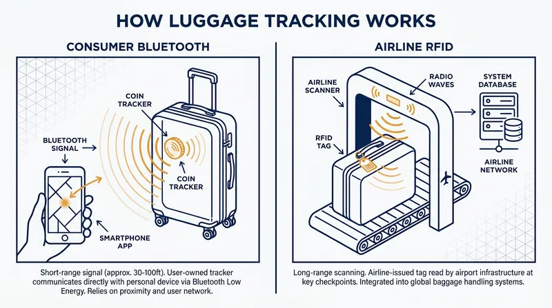 Consumer trackers use smartphone mesh networks, while airlines use radio waves to automatically scan bags in transit.