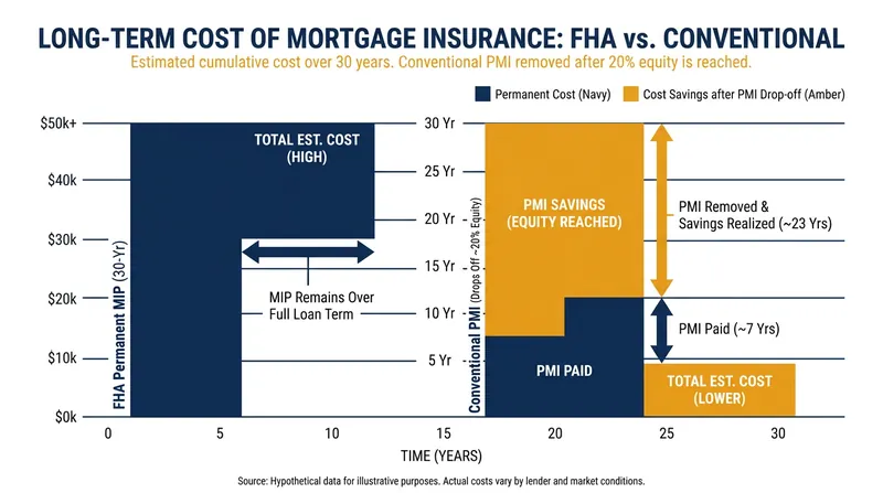 Conventional loans allow buyers to cancel mortgage insurance once they reach 20% equity, unlike most FHA loans.