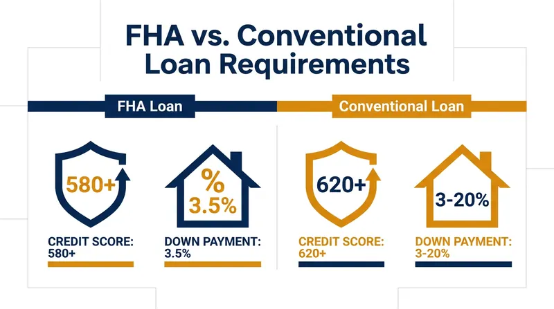 FHA loans offer more lenient entry requirements, while conventional loans reward stronger credit profiles.