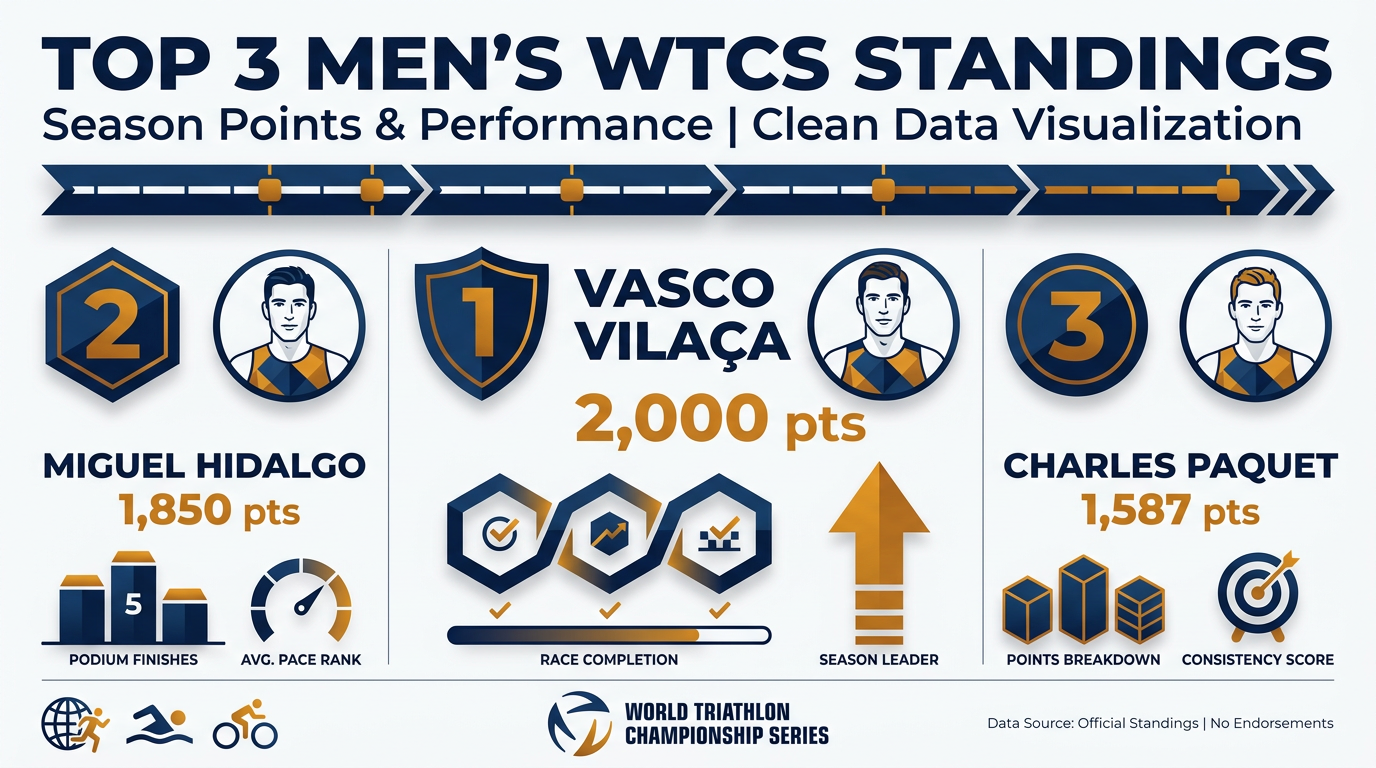 Current top three in the men's 2026 World Triathlon Championship Series standings.