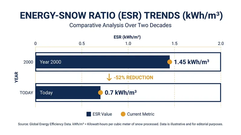 Modern snow guns produce the same amount of snow using less than half the energy of older models.