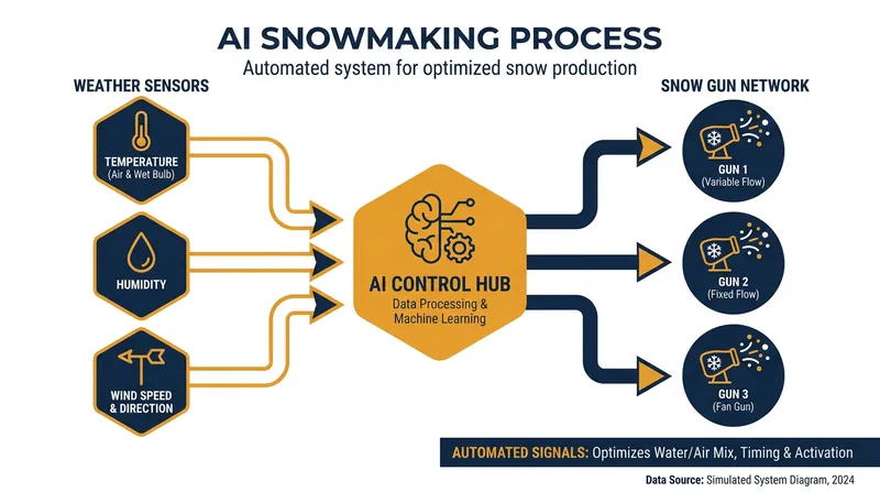 AI systems continuously monitor micro-climates to fire snow guns only during optimal weather windows.
