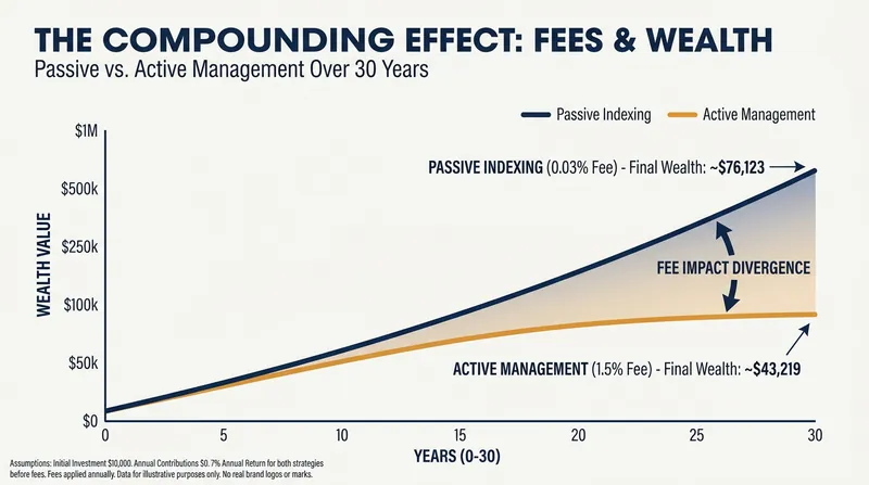 The corrosive impact of fees: Over a 30-year investing horizon, a 1.5% active management fee can consume hundreds of thousands of dollars in potential compound growth.