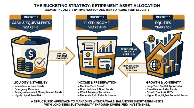The bucketing strategy separates near-term cash needs from long-term growth, insulating retirees from the panic of market volatility.
